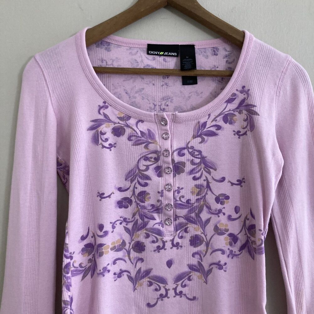 Vintage Fairy 2000s Y2K Henley DNKY Jeans Pink Floral Crystal Buttons Womens S/M - Picture 6 of 8